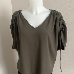 1. State Olive Gathered Sleeve Blouse